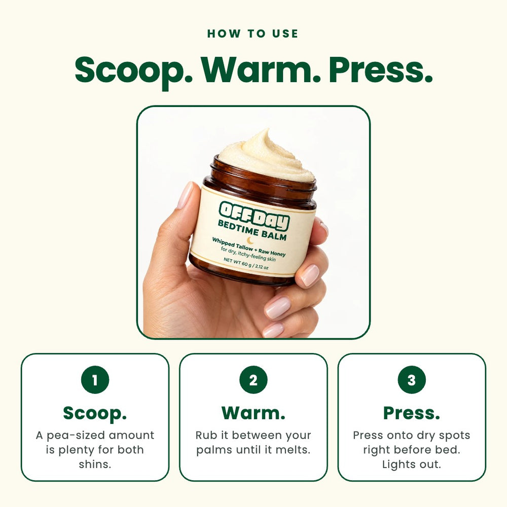 Hand holding an open jar of OFF DAY Bedtime Balm