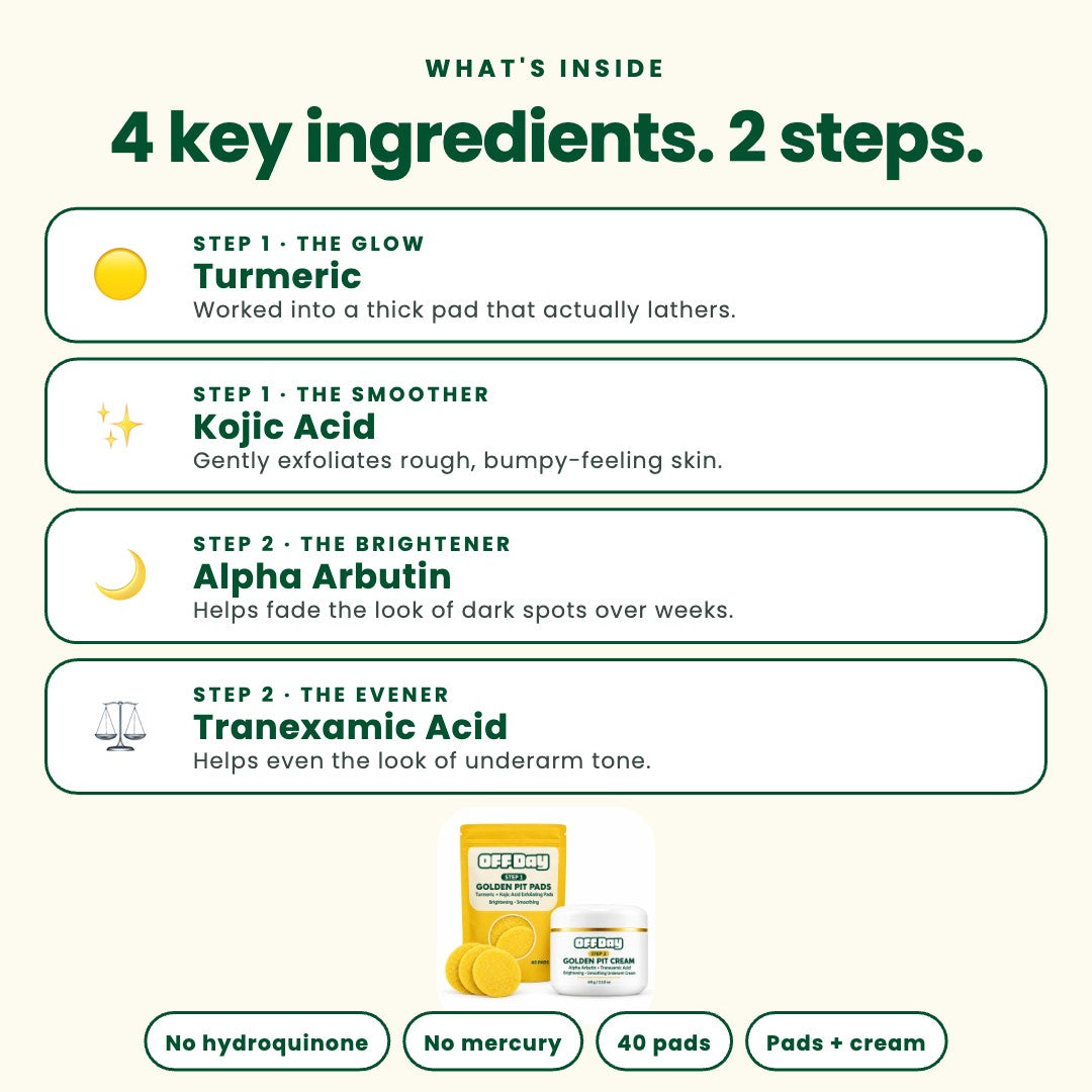 What's inside: turmeric, kojic acid, alpha arbutin, tranexamic acid